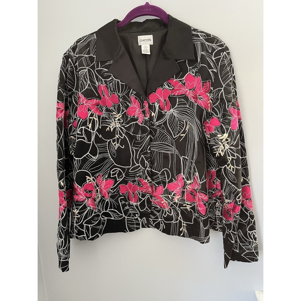 Chico's Women's Size 2 Blazer Black with Pink Floral Embroidered‎ Long Sleeve